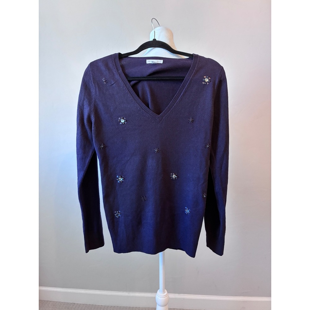 Holiday Knit Festive Sparkle Purple V-Neck Embellished Rhinestone Sweater Medium